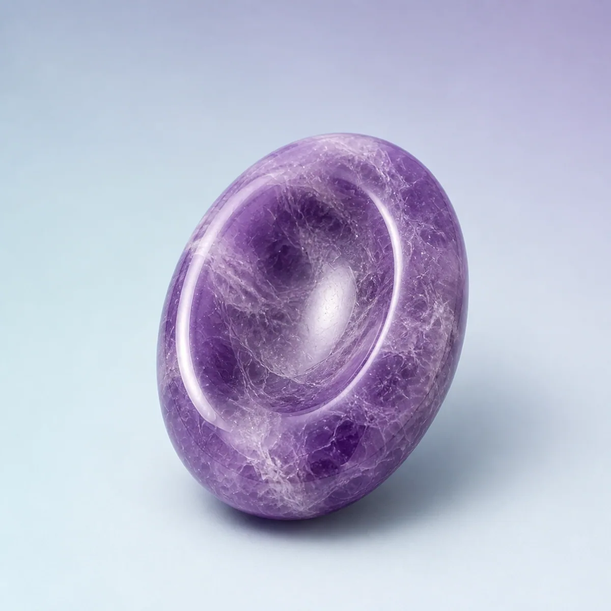 Calm Worry Stone, Amethyst shown on a soft pastel studio background